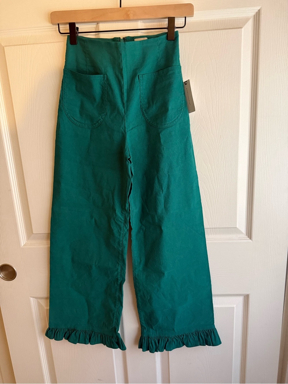 NWT Anthropologie Maeve Colette Ruffle Hem Wide Leg Crop Pants Green Size 23